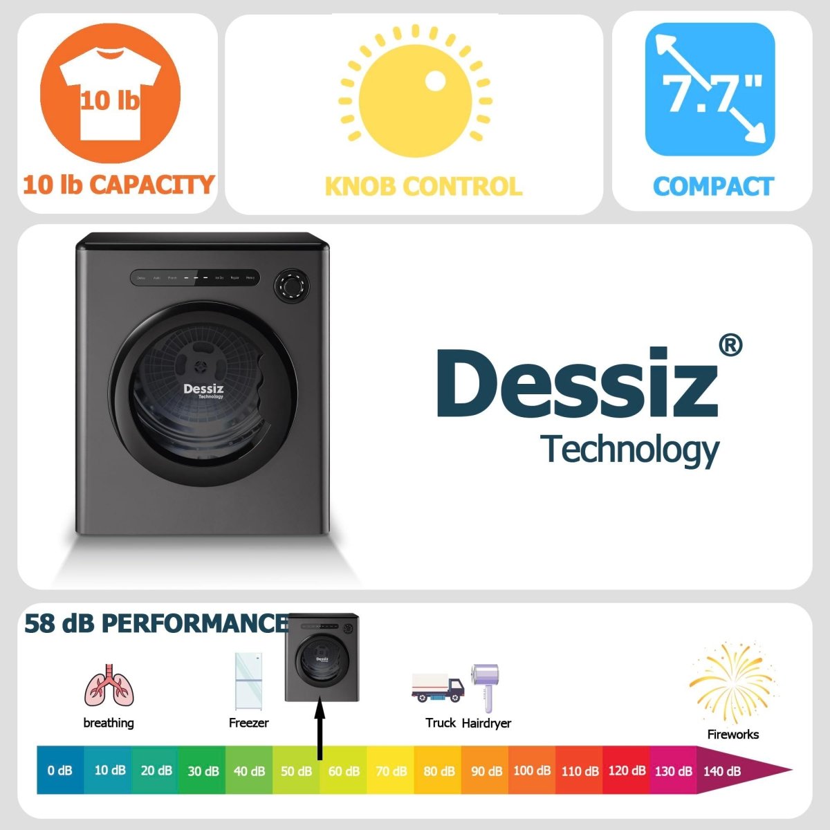 Dessiz 11lb Portable clothes dryer, compact size 1.6cu.ft, Smart Digital Control -Grey - Dessiz