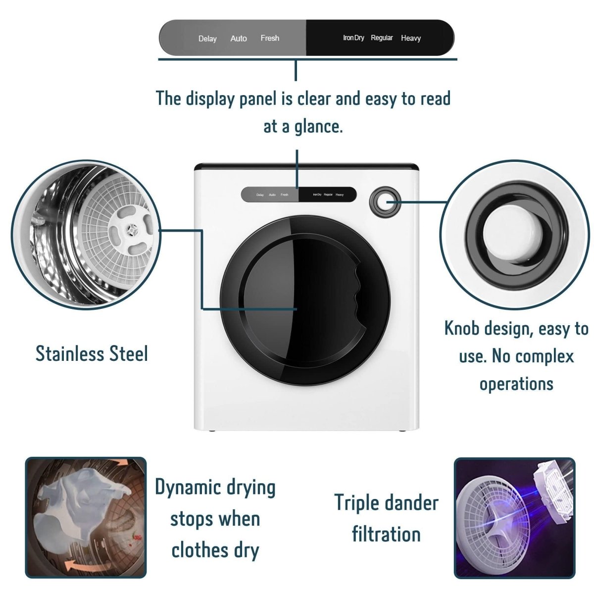 Dessiz 11lb Portable clothes dryer, compact size 1.6cu.ft, Smart Digital Control -White - Dessiz
