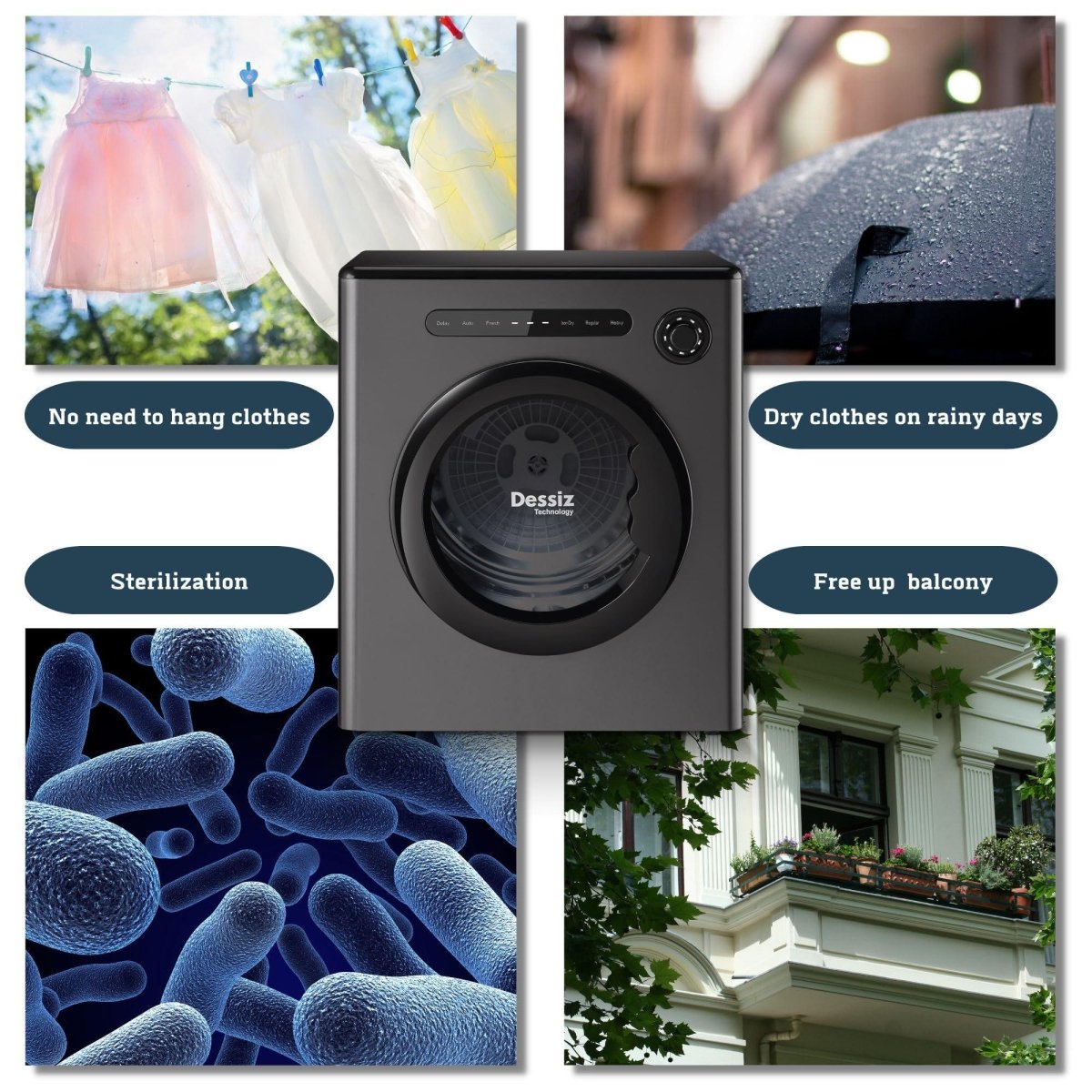 Dessiz 11lb Portable clothes dryer, compact size 1.6cu.ft, Smart Digital Control -Grey - Dessiz