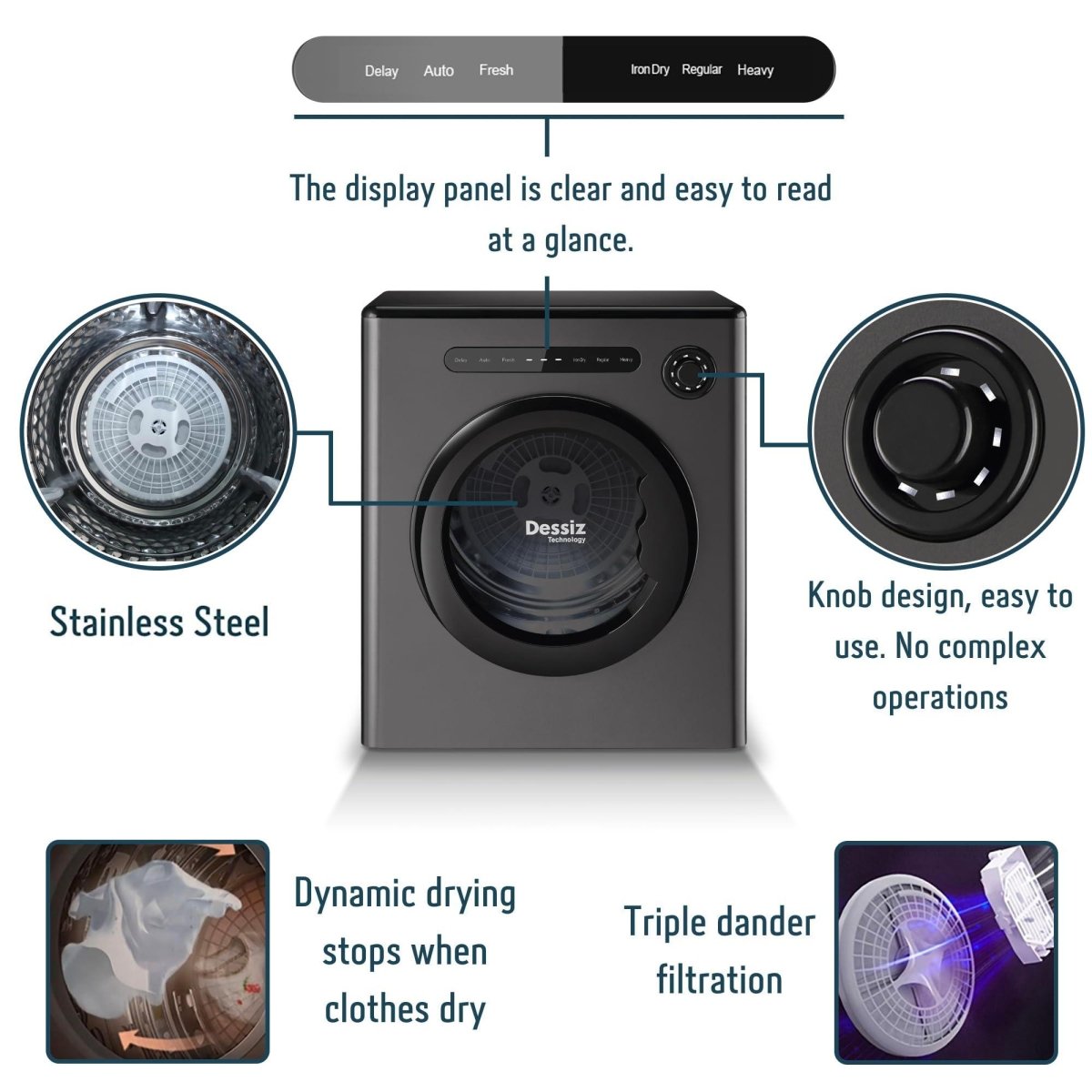Dessiz 11lb Portable clothes dryer, compact size 1.6cu.ft, Smart Digital Control -Grey - Dessiz