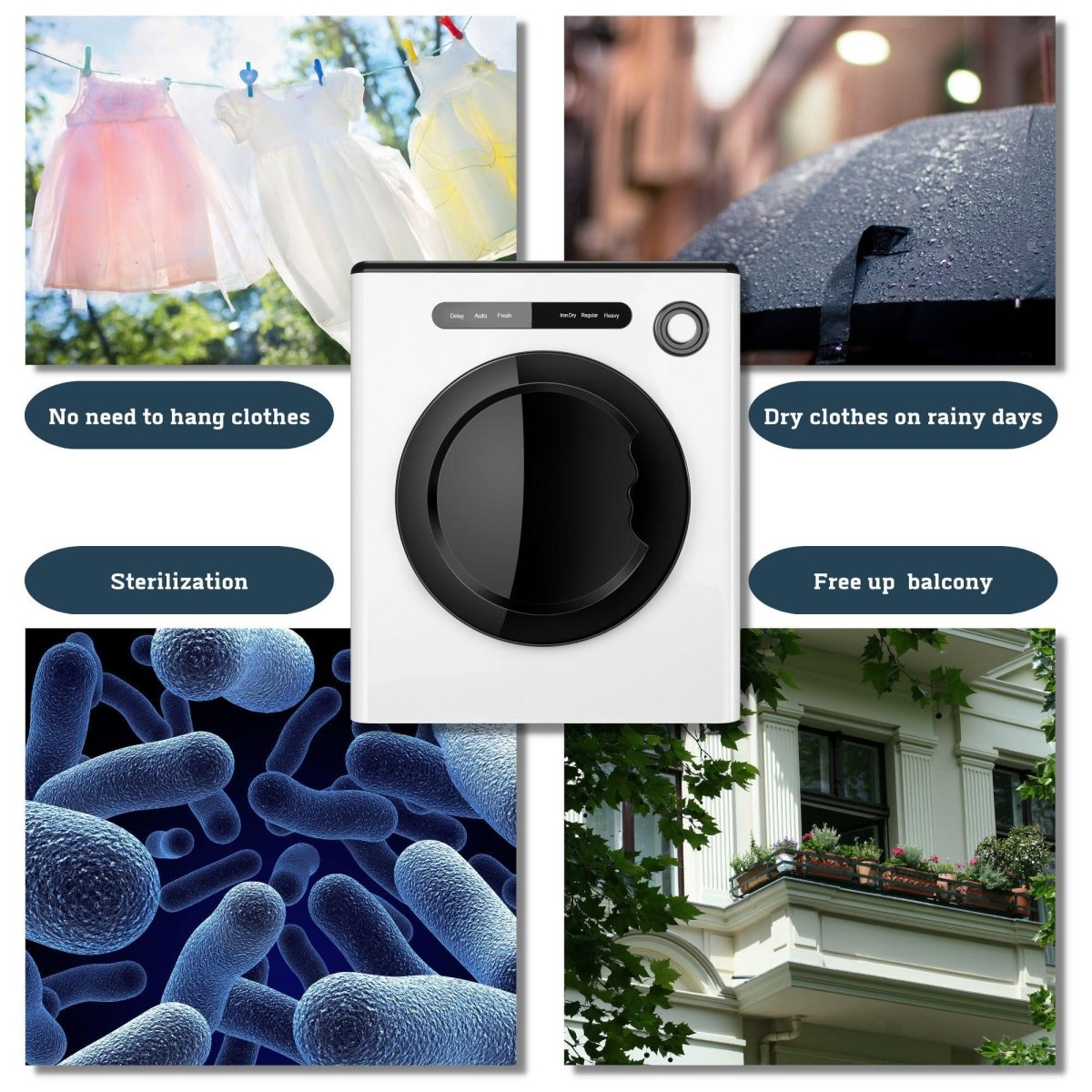 Dessiz 11lb Portable clothes dryer, compact size 1.6cu.ft, Smart Digital Control -White - Dessiz